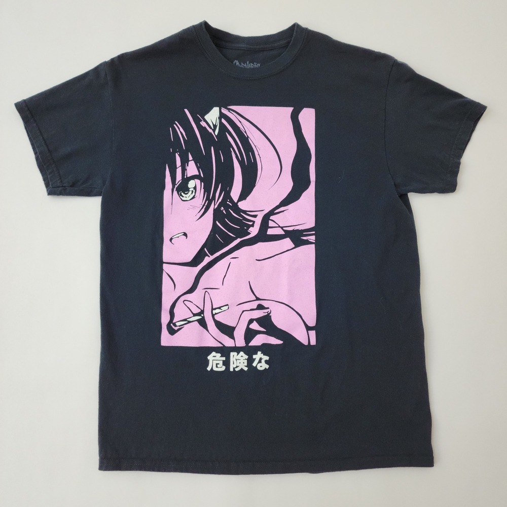 Spencer's Anime Graphic Tee Mens Medium Black Pink Manga Girl Kanji T-Shirt